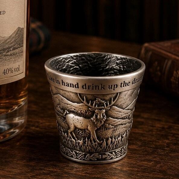 A small, flared pewter metal shot cup, or dram cup, sitting on a dark wooden table. The front of the cup features a relief-sculpted highland scene depicting a majestic stag with prominent antlers standing in a field against a backdrop of rolling hills and mountains. A smooth metal banner wrapping around the upper rim is engraved with the text "Take in hand drink up the dram", and the bottom rim is decorated with a small thistle pattern