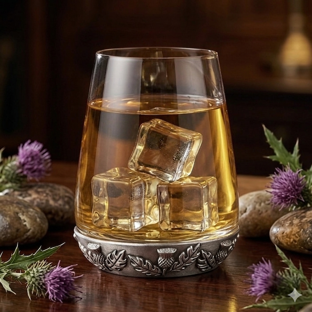 A curved glass whiskey tumbler filled with golden scotch and three clear ice cubes, featuring a heavy pewter base intricately detailed with an embossed Scottish thistle and leaf pattern