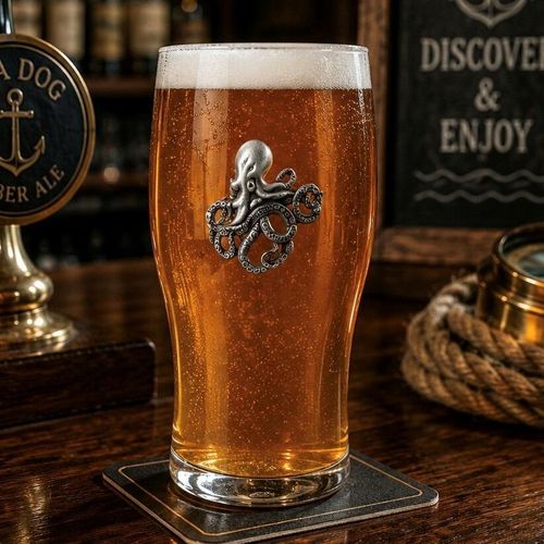 Pint glass with handmade pewter octopus badge, filled with golden beer