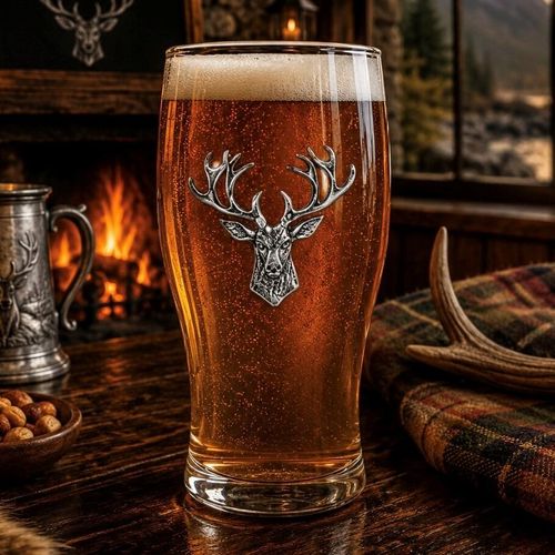 Pint glass with handmade pewter stage with detailed curtains and lighting badge filled with golden beer