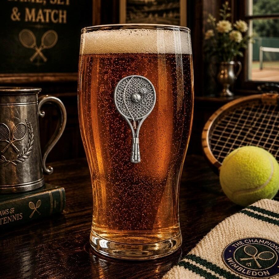 Pint glass with handmade pewter tennis badge, filled with golden beer