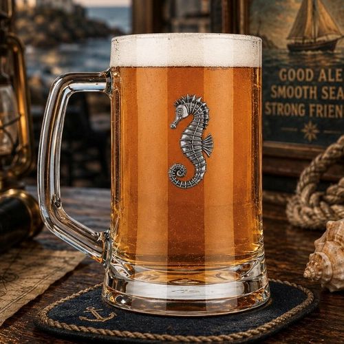 A Beer Tankard with a Pewter Sea Horse badge on the front, filled with Amber Beer