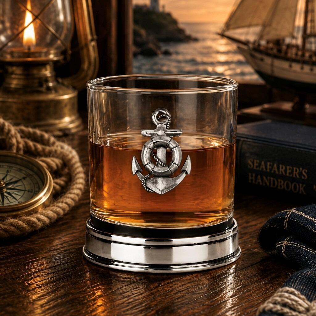 Whisky tumbler with pewter anchor emblem and polished base, partially filled with amber liquid