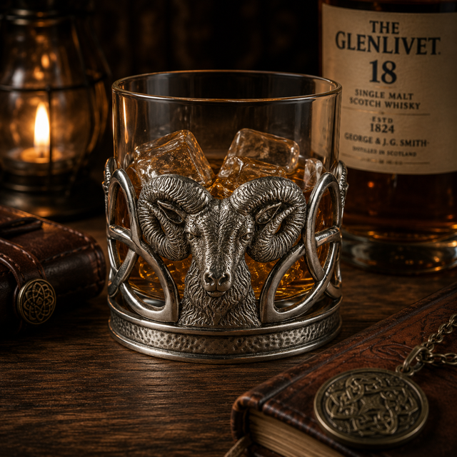 A lowball glass whisky tumbler filled with amber spirits and ice cubes, nestled in an ornate pewter holder. The front of the holder features a prominent, high-relief sculpted head of a ram with detailed fur and large, tightly spiraled horns. The sides of the holder are decorated with thick, openwork Celtic knotwork loops that curve gracefully from the ram's head down to a solid, textured circular base