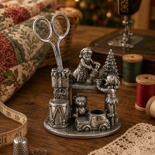 Vintage-style pewter Christmas elves sewing station featuring detailed workshop figures, a stacked gifts scissor holder, a toy drum, and a built-in toy car storage well