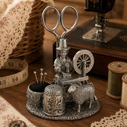 Vintage-style pewter Welsh lady sewing station featuring a traditional figure at a spinning wheel scissor holder, a Welsh dragon embossed thimble, a sheep figurine, and a small round pincushion