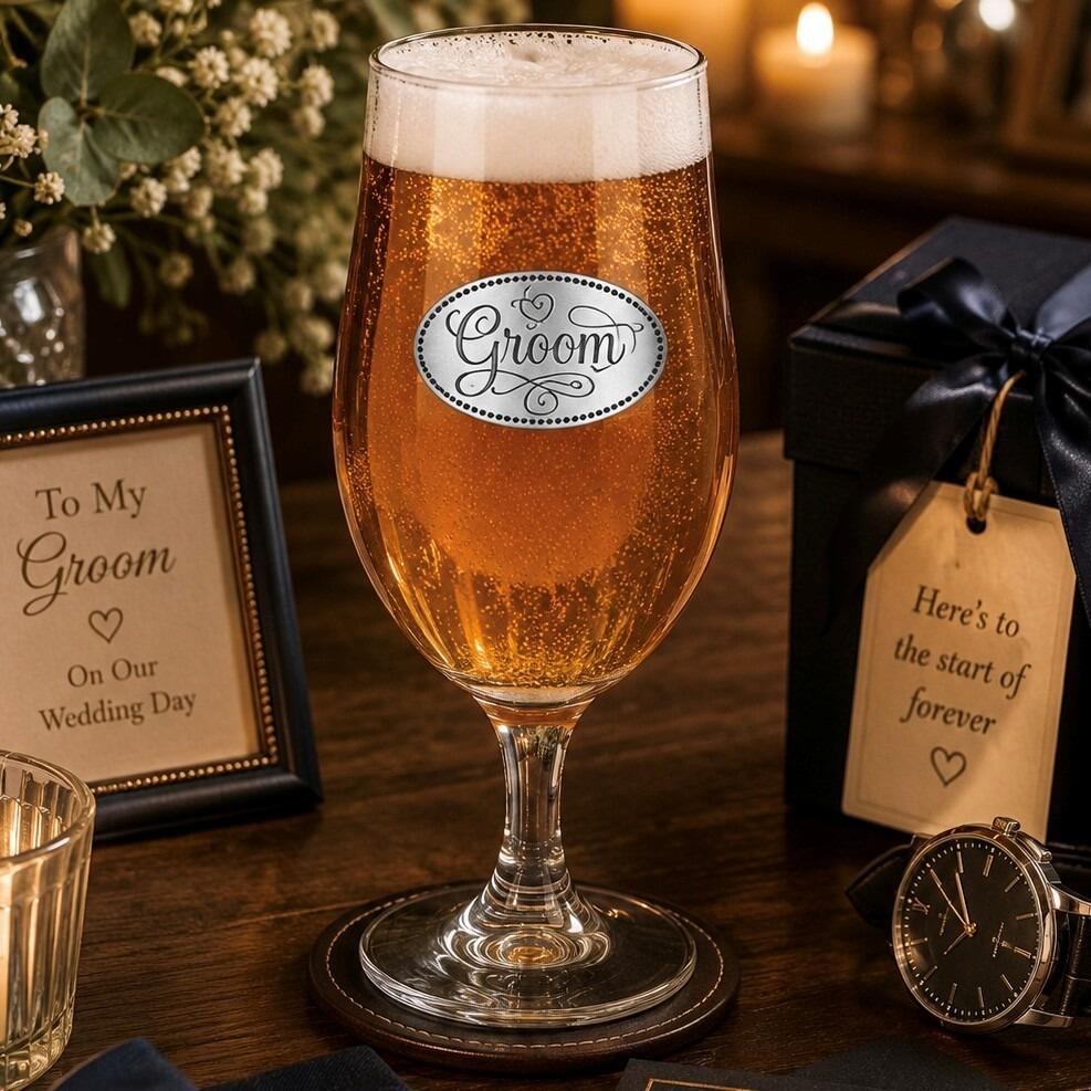 A Stemmed Pint Beer Glass with a Pewter Groom badge on the front, filled with Beer