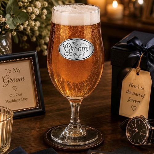A Stemmed Pint Beer Glass with a Pewter Groom badge on the front, filled with Beer