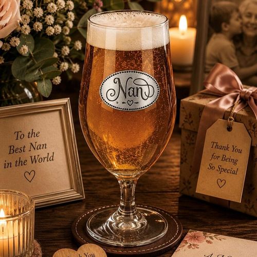 A Stemmed Pint Beer Glass with a Pewter Nan badge on the front, filled with Beer