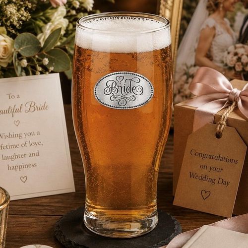 Pint glass with handmade pewter bride badge featuring elegant script lettering filled with golden beer