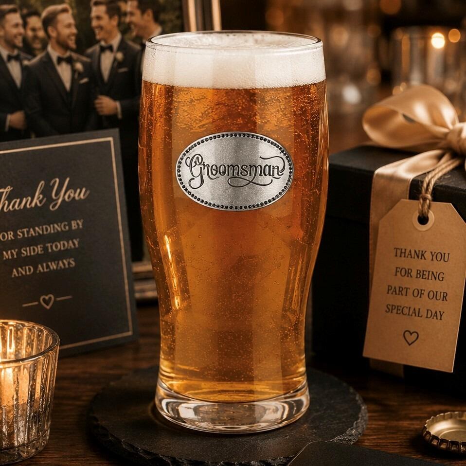 Pint glass with handmade pewter “Groomsman” badge, filled with golden beer