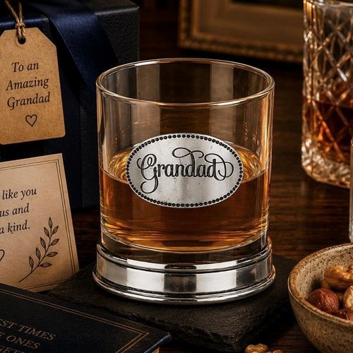 Whisky tumbler with pewter 'Grandad' badge and polished base, partially filled with amber liquid