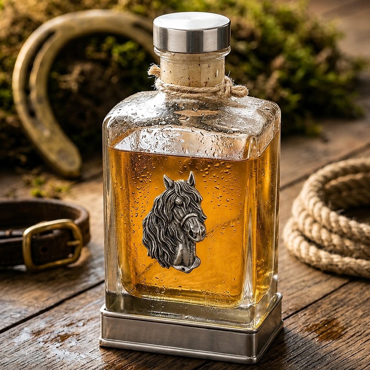 A glass flask with a pewter base and a handcrafted pewter horse emblem on the front