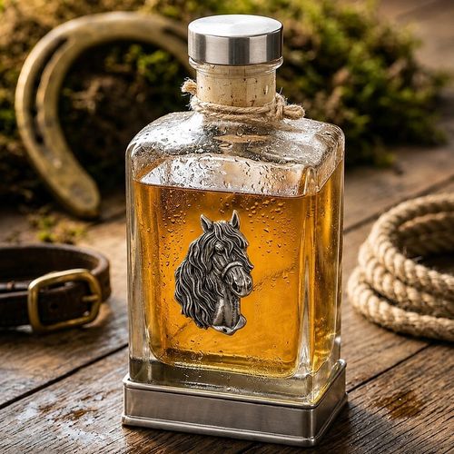 A glass flask with a pewter base and a handcrafted pewter horse emblem on the front