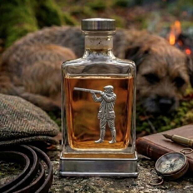 A glass flask with a pewter base and a handcrafted pewter shooting man emblem on the front