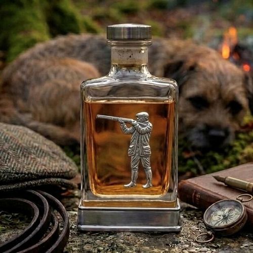 A glass flask with a pewter base and a handcrafted pewter shooting man emblem on the front