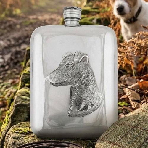 Pewter hip flask featuring a detailed embossed Jack Russell terrier dog head emblem
