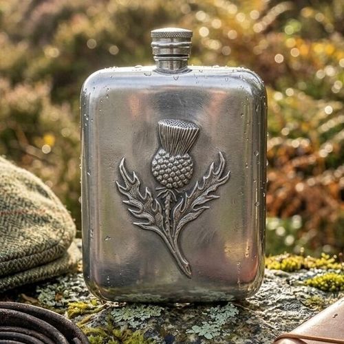 Pewter hip flask with a detailed engraving of a traditional Scottish thistle, displayed outdoors on a moss-covered stone beside a tweed flat cap