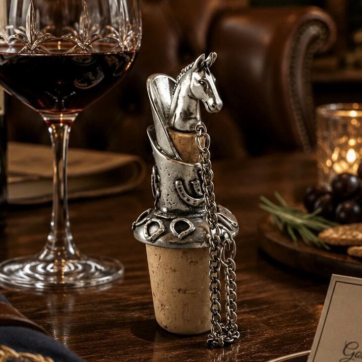 Pewter wine pourer and cork stopper featuring a sculpted horse head top and engraved horseshoe motifs, displayed on a wooden table beside a glass of red wine