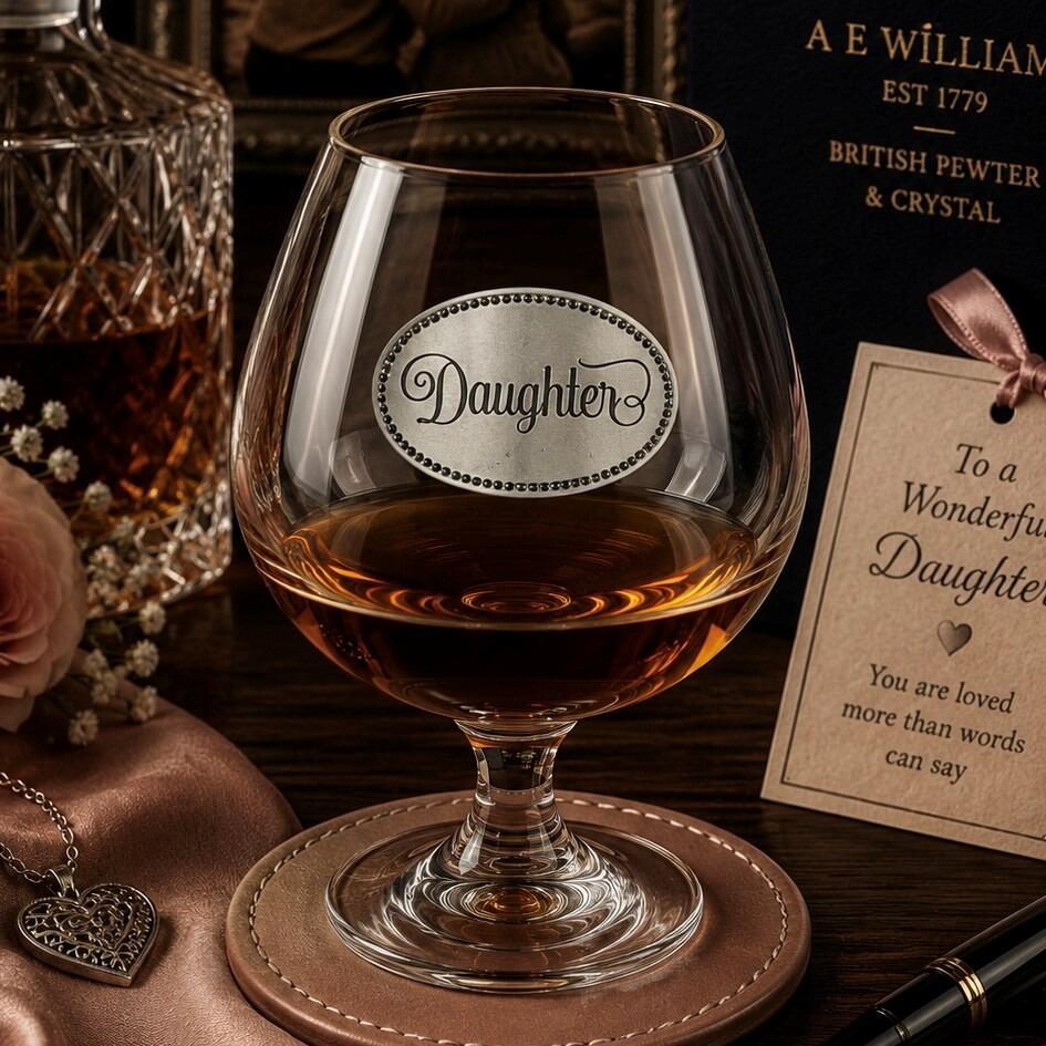 Crystal brandy glass with pewter "Daughter" badge, partially filled with amber liquid
