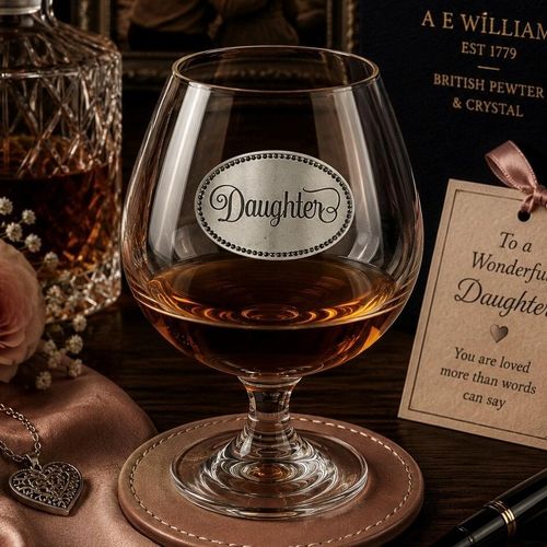 Crystal brandy glass with pewter "Daughter" badge, partially filled with amber liquid