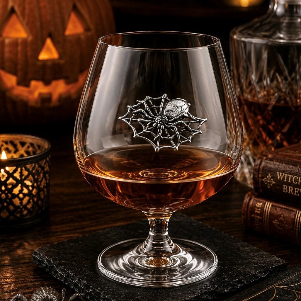 Crystal brandy glass with pewter spider emblem, partially filled with amber liquid