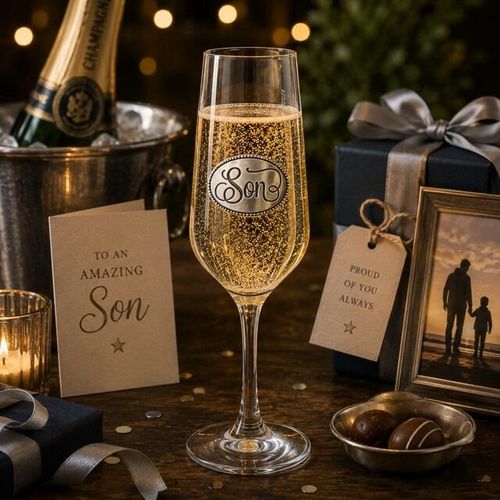 A Champagne Flute with a Pewter Son badge on the front, filled with Champagne