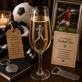 A Champagne Flute with a Pewter Football Player badge on the front, filled with Champagne