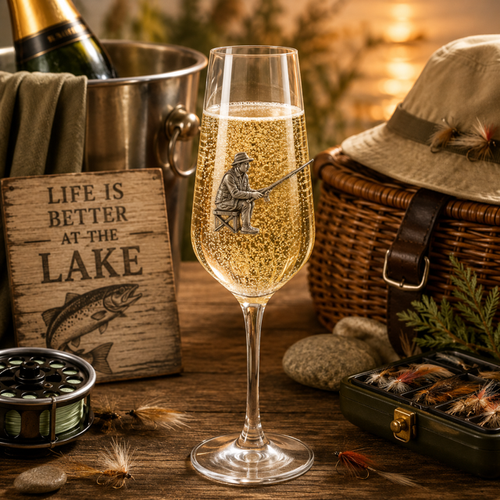 A Champagne Flute with a Pewter Fishing Man badge on the front, filled with Champagne