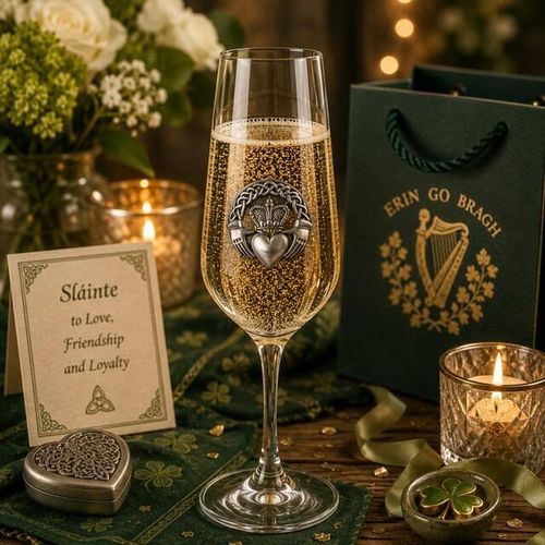 A Champagne Flute with a Pewter Claddagh badge on the front, filled with Champagne