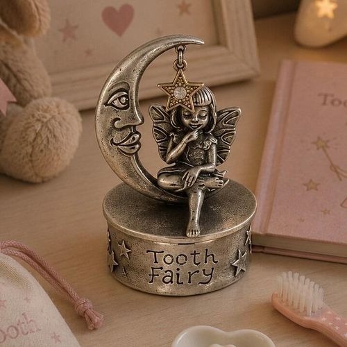 Round pewter trinket box engraved with "Tooth Fairy" and stars, featuring a sculpted fairy figurine sitting beside a crescent moon with a hanging gold star