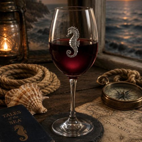 Wine glass with handmade pewter sea horse badge filled with red wine