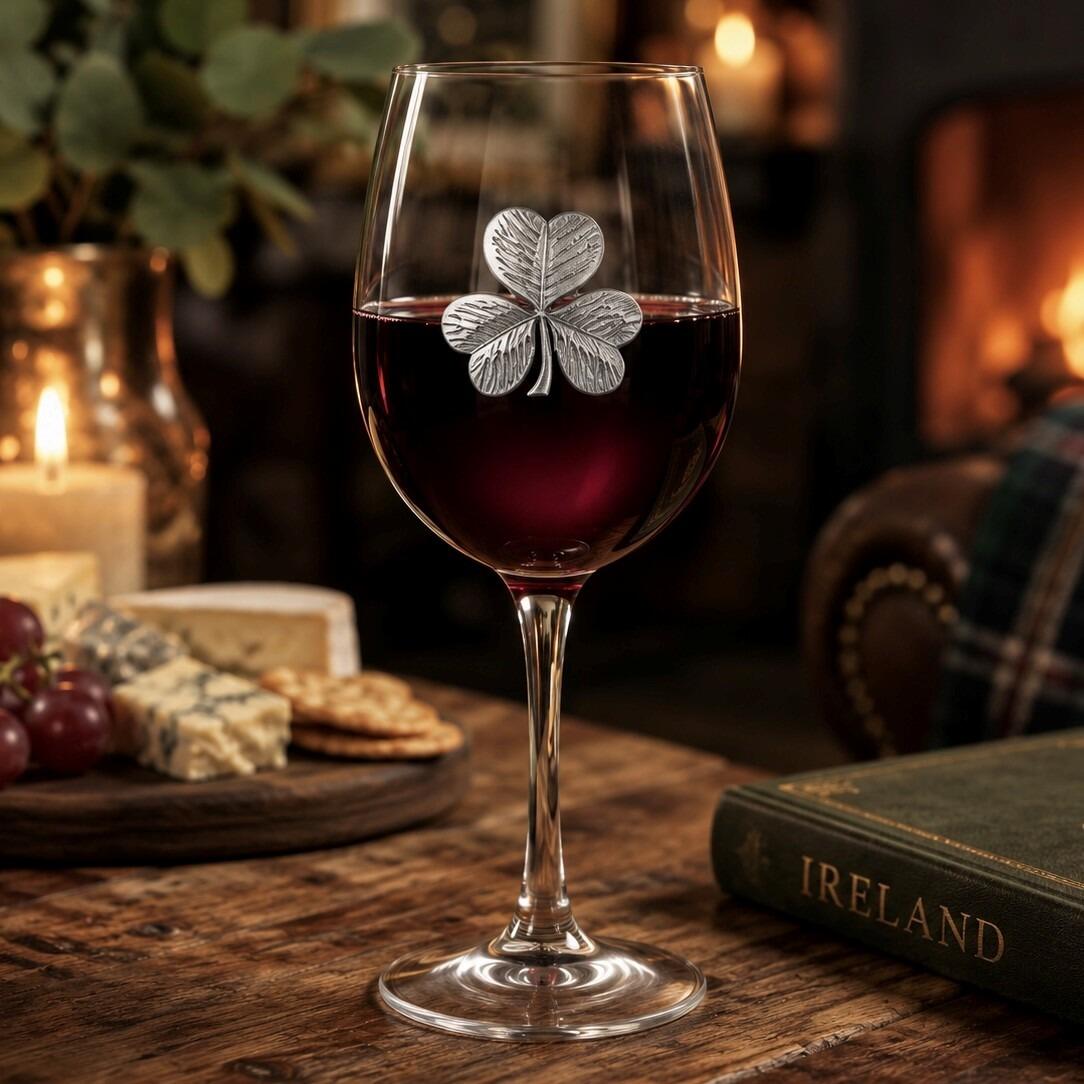Wine glass with handmade pewter shamrock badge filled with red wine