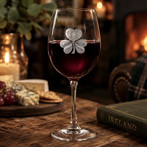 Wine glass with handmade pewter shamrock badge filled with red wine
