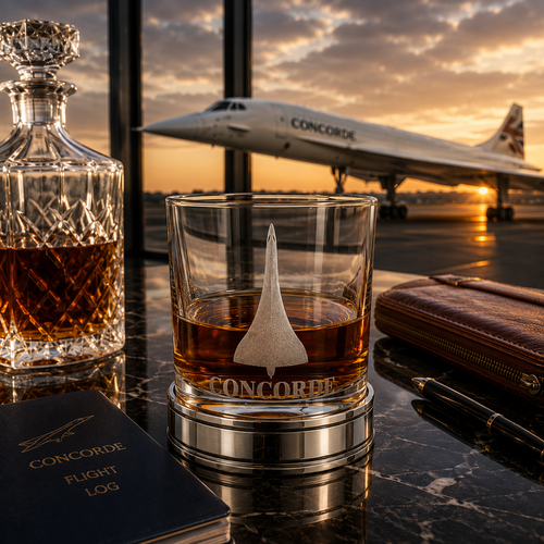 Concorde Pewter Whisky Tumbler part filled with whisky sitting in an aircraft hanger with Concorde in the background