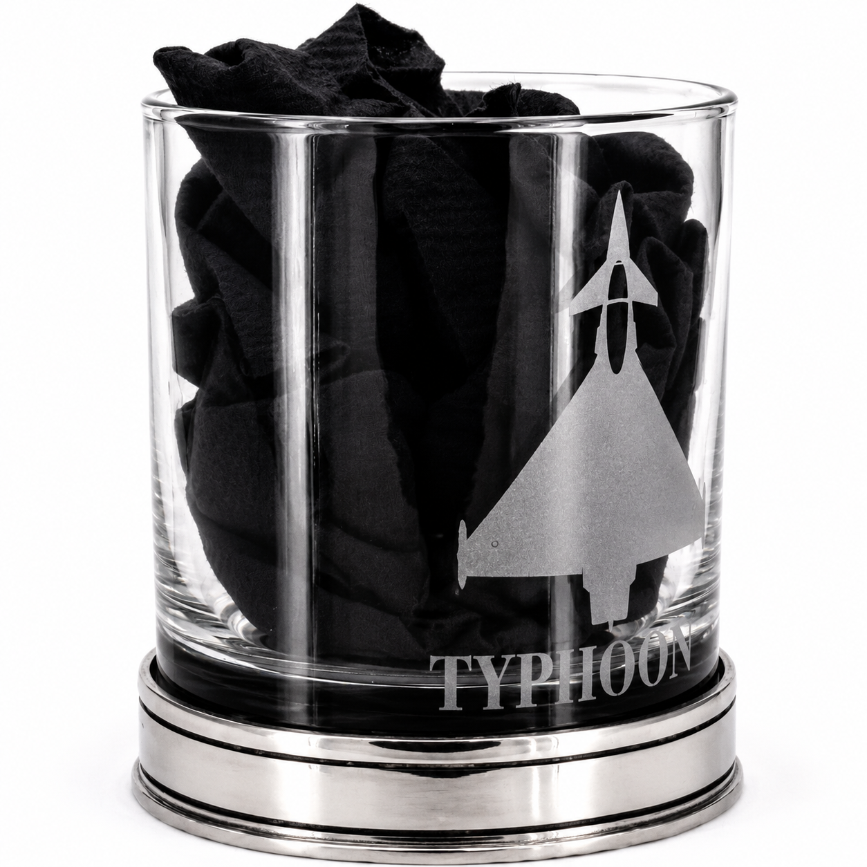 Eurofighter Typhoon Pewter Whisky Tumbler with a black cloth inside the glass