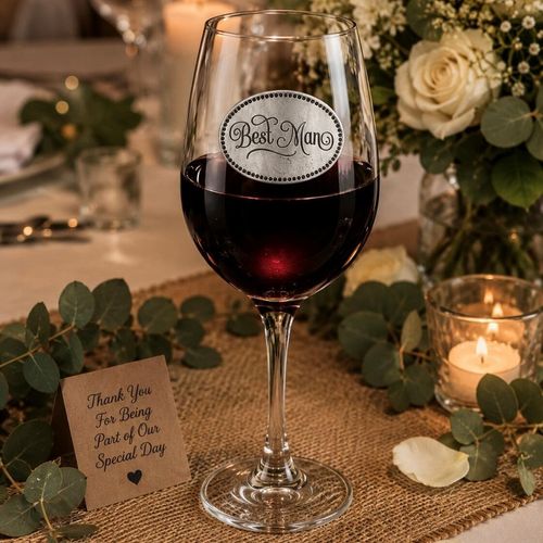 Wine glass with handcrafted pewter Best Man badge filled with red wine