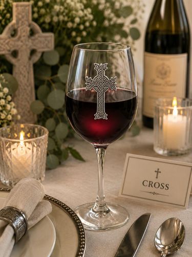 Wine glass with handcrafted pewter Cross badge filled with red wine