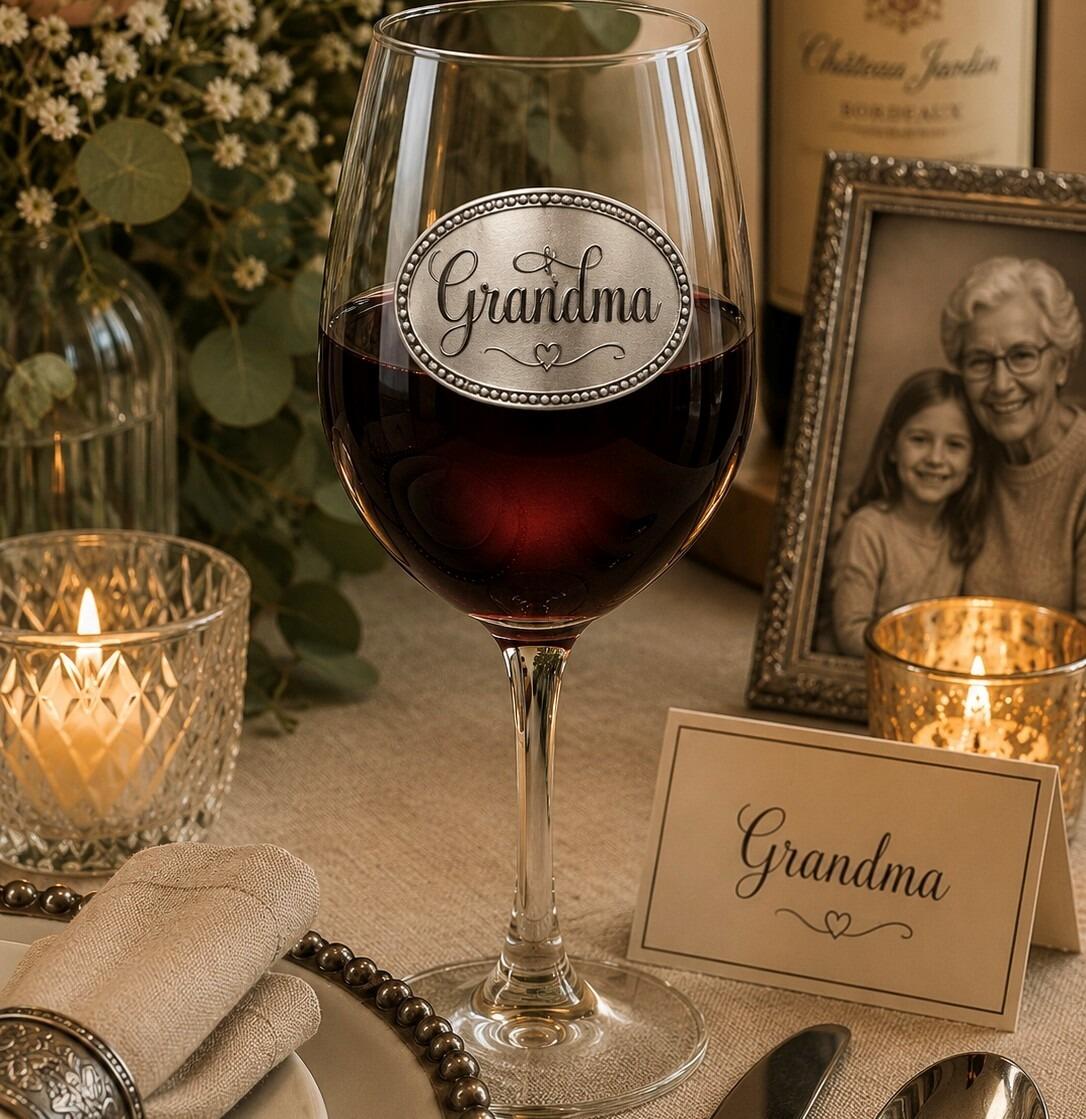 Wine glass with handcrafted pewter Grandma badge filled with red wine