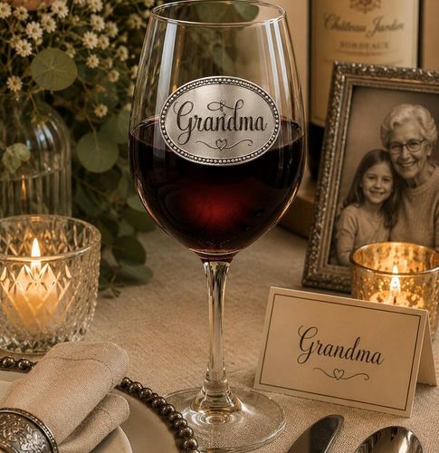 Wine glass with handcrafted pewter Grandma badge filled with red wine