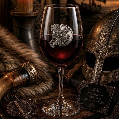 Wine glass with handmade pewter viking badge filled with red wine