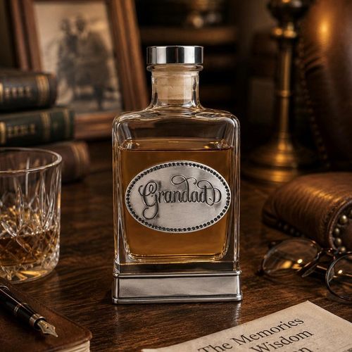 Handcrafted glass hip flask with pewter base featuring detailed grandad emblem on front