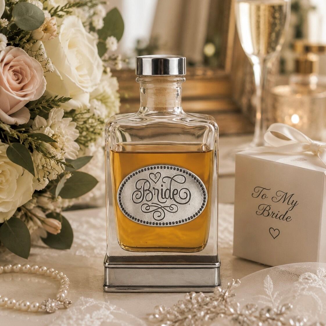 Handcrafted glass hip flask with pewter base featuring detailed bride emblem on front