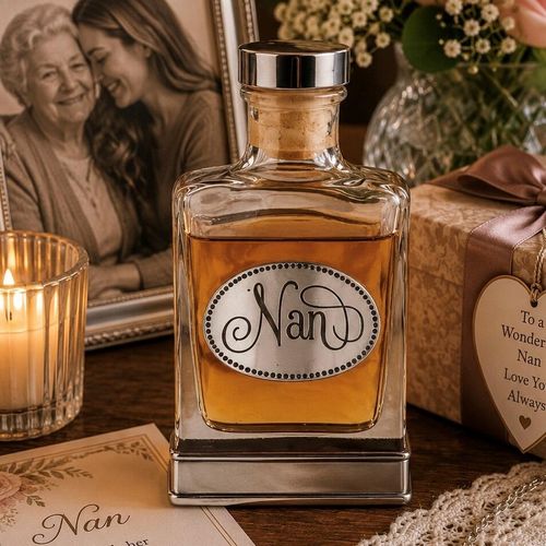 A glass flask with a pewter base and a handcrafted pewter “Nan” emblem on the front