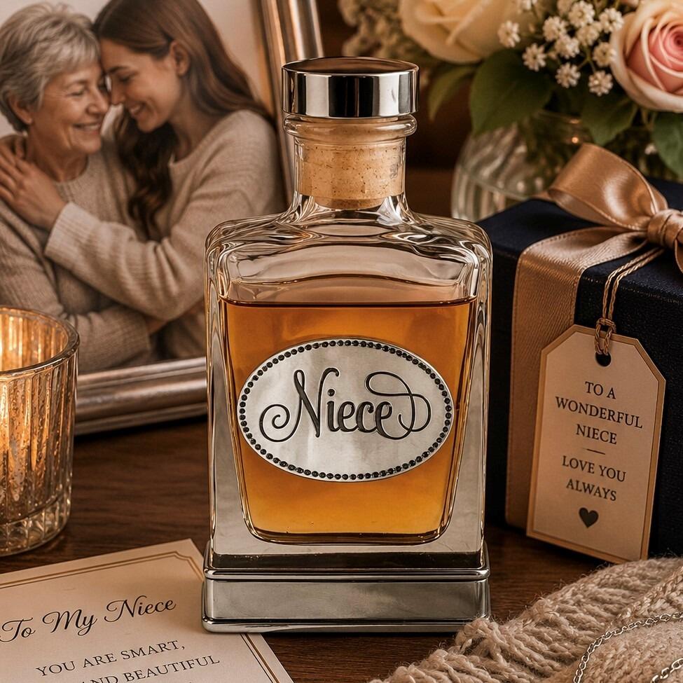 A glass flask with a pewter base and a handcrafted pewter “Niece” emblem on the front