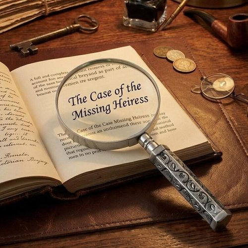 Pewter magnifying glass with an embossed orange blossom floral handle, magnifying the text 'The Case of the Missing Heiress' in an open book on a vintage leather desk