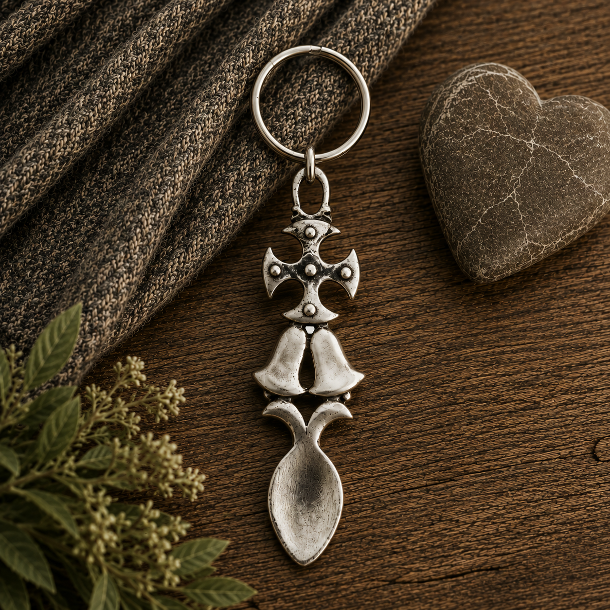 Handcrafted pewter Welsh lovespoon keyring featuring a Celtic cross, wedding bells, and a heart-shaped spoon bowl, resting on a rustic wooden background next to a carved stone heart and dark knit fabric.