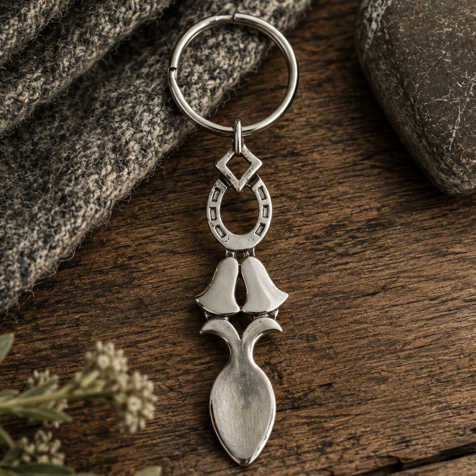Handcrafted pewter Welsh lovespoon keyring featuring a lucky horseshoe, wedding bells, and a spoon bowl, set on a rustic wooden background next to grey knit fabric and a smooth stone