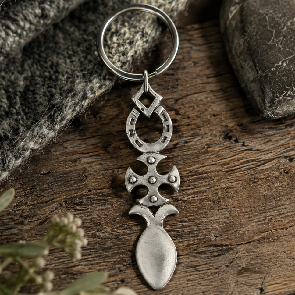 Handcrafted pewter Welsh lovespoon keyring featuring an open cut-out heart and a smooth solid heart above a spoon bowl, resting on a rustic wooden background next to grey knit fabric and a smooth stone.