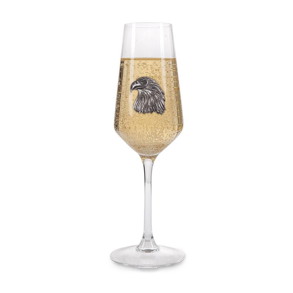 A Champagne Flute with a Pewter Eagle badge on the front, filled with Champagne